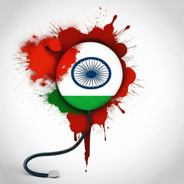 Create an image featuring the Indian flag with bloodstains, combined with a doctor's stethoscope to form a logo-like design