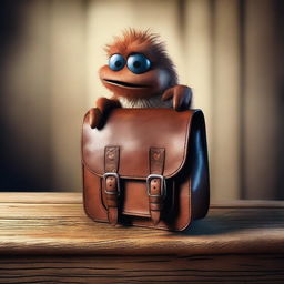 A small, mischievous monster is climbing out of a worn leather satchel