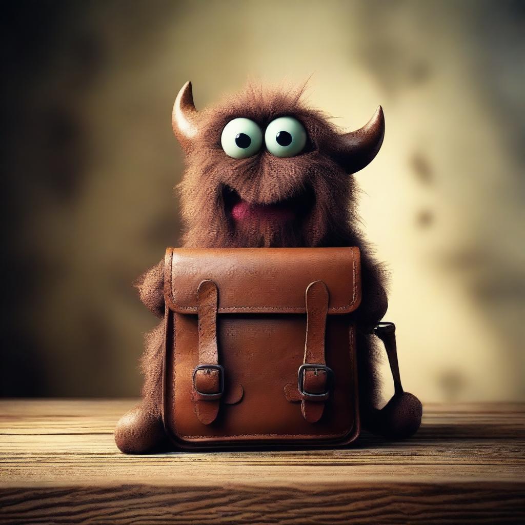 A small, mischievous monster is climbing out of a worn leather satchel