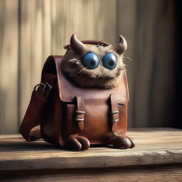 A small, mischievous monster is climbing out of a worn leather satchel