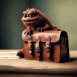 A small, mischievous monster is climbing out of a worn leather satchel