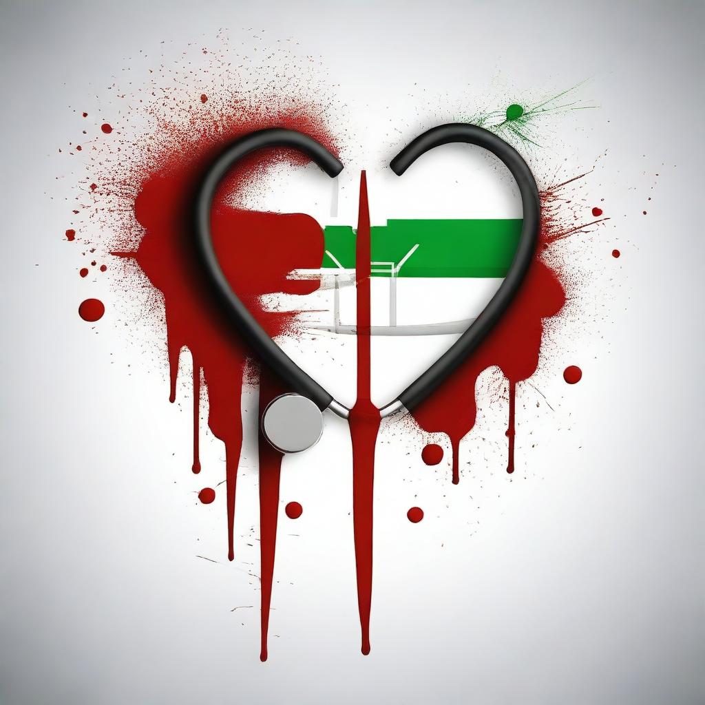 Create a dark-themed, mature-looking image featuring the Indian flag with bloodstains, combined with a doctor's stethoscope to form a logo-like design