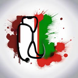 Create a dark-themed, mature-looking image featuring the Indian flag with bloodstains, combined with a doctor's stethoscope to form a logo-like design