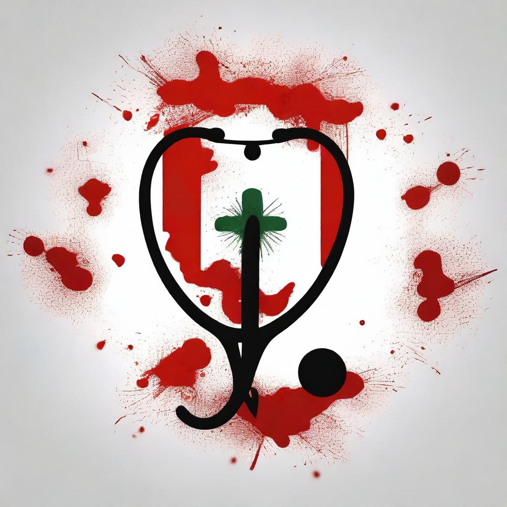 Create a dark-themed, mature-looking image featuring the Indian flag with bloodstains, combined with a doctor's stethoscope to form a logo-like design