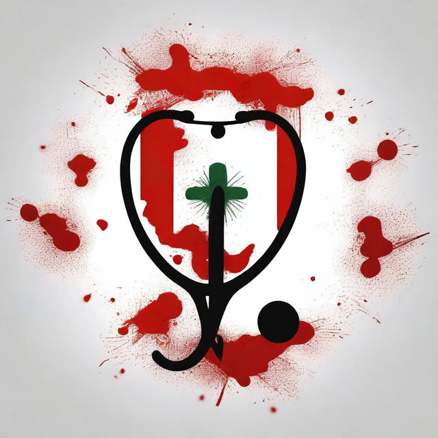 Create a dark-themed, mature-looking image featuring the Indian flag with bloodstains, combined with a doctor's stethoscope to form a logo-like design