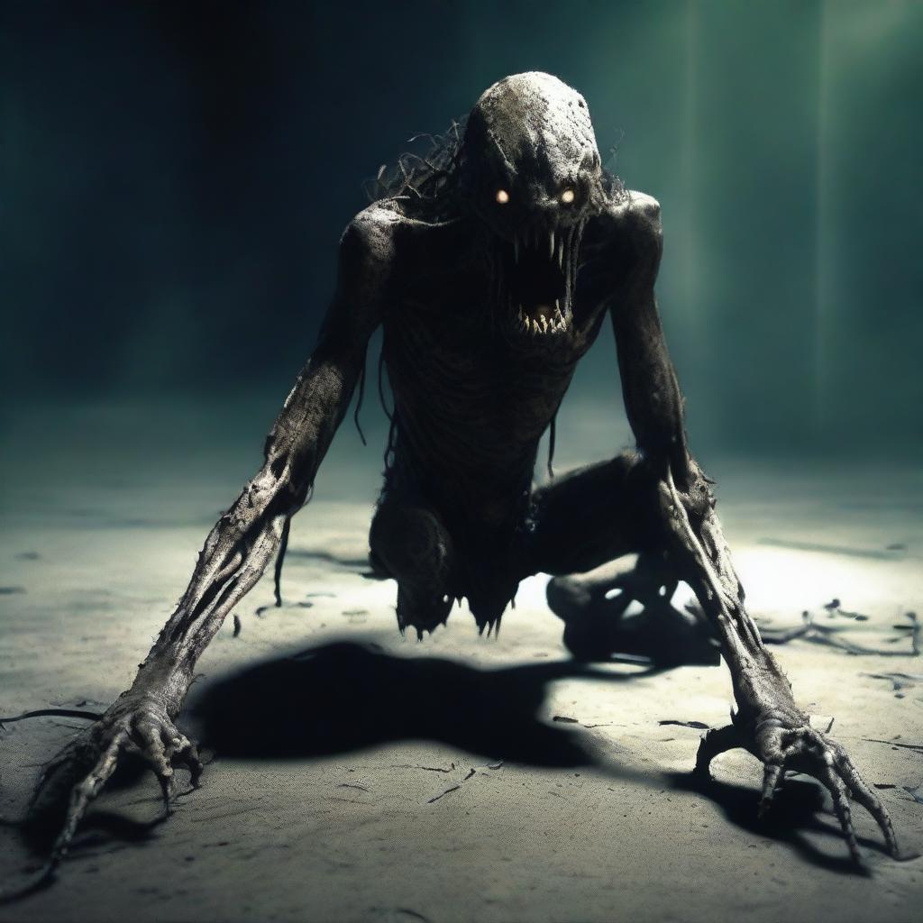 A frightening humanoid monster is crawling on the ground