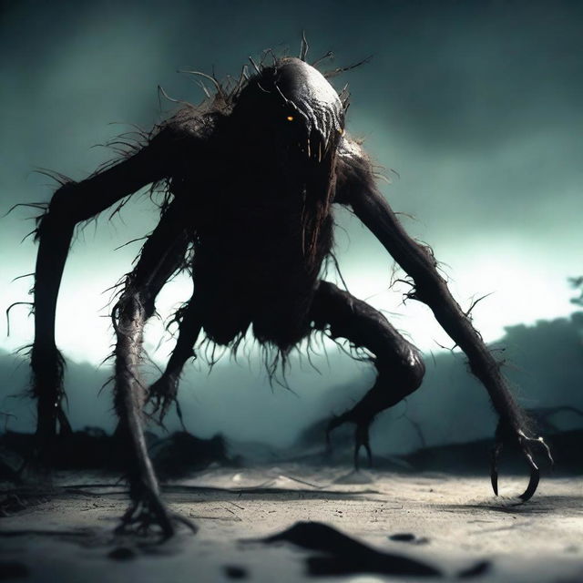 A frightening humanoid monster is crawling on the ground