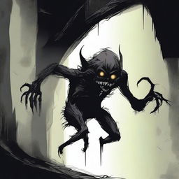 A frightening humanoid monster is crawling out of a dark, narrow hole