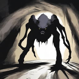 A frightening humanoid monster is crawling out of a dark, narrow hole