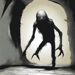 A frightening humanoid monster is crawling out of a dark, narrow hole