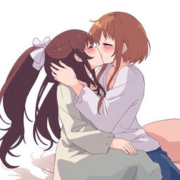 An anime-style illustration of two women sharing an intimate kiss, with one woman sitting on the lap of the other