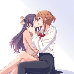 An anime-style illustration of two women sharing an intimate kiss, with one woman sitting on the lap of the other