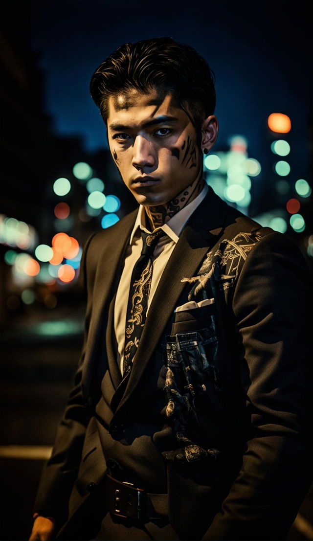 HD candid photograph in Yousuf Karsh's style featuring a young, handsome Yakuza member in a suit with a full sleeve tattoo, set against an urban backdrop.