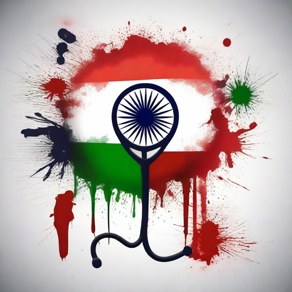 Create a dark-themed image featuring the Indian flag with bloodstains and a doctor's stethoscope arranged to look like a logo