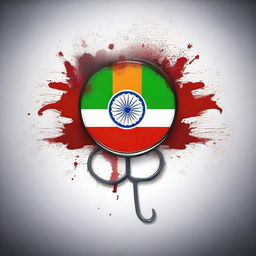 Create a dark-themed image featuring the Indian flag with bloodstains and a doctor's stethoscope arranged to look like a logo