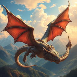 A majestic dragon soaring through the sky, with its scales glistening in the sunlight