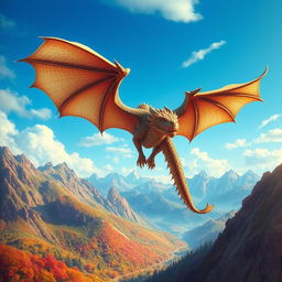 A majestic dragon soaring through the sky, with its scales glistening in the sunlight