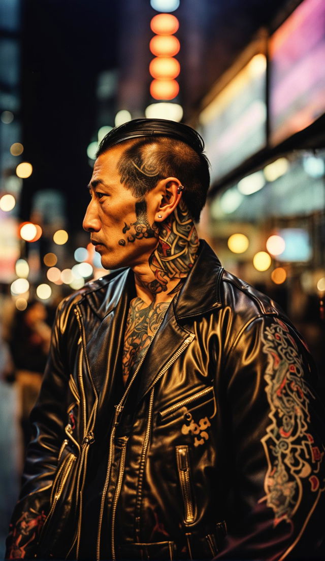 90s style candid photograph by Yousuf Karsh of a Yakuza member in a leather jacket, with a neon-lit Tokyo street in the background.