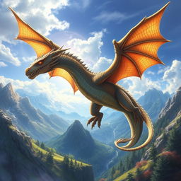 A majestic dragon soaring through the sky, with its scales glistening in the sunlight