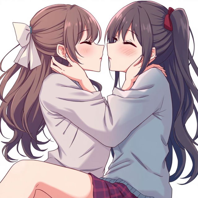 A realistic anime-style illustration of two women sharing a passionate kiss, with one woman sitting on the lap of the other