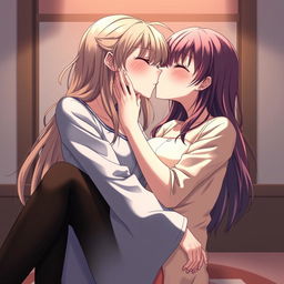 A realistic anime-style illustration of two women sharing a passionate kiss, with one woman sitting on the lap of the other