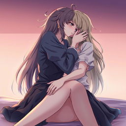 A realistic anime-style illustration of two women sharing a passionate kiss, with one woman sitting on the lap of the other