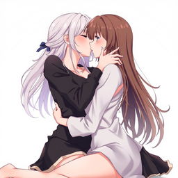 A realistic anime-style illustration of two women sharing a passionate kiss, with one woman sitting on the lap of the other