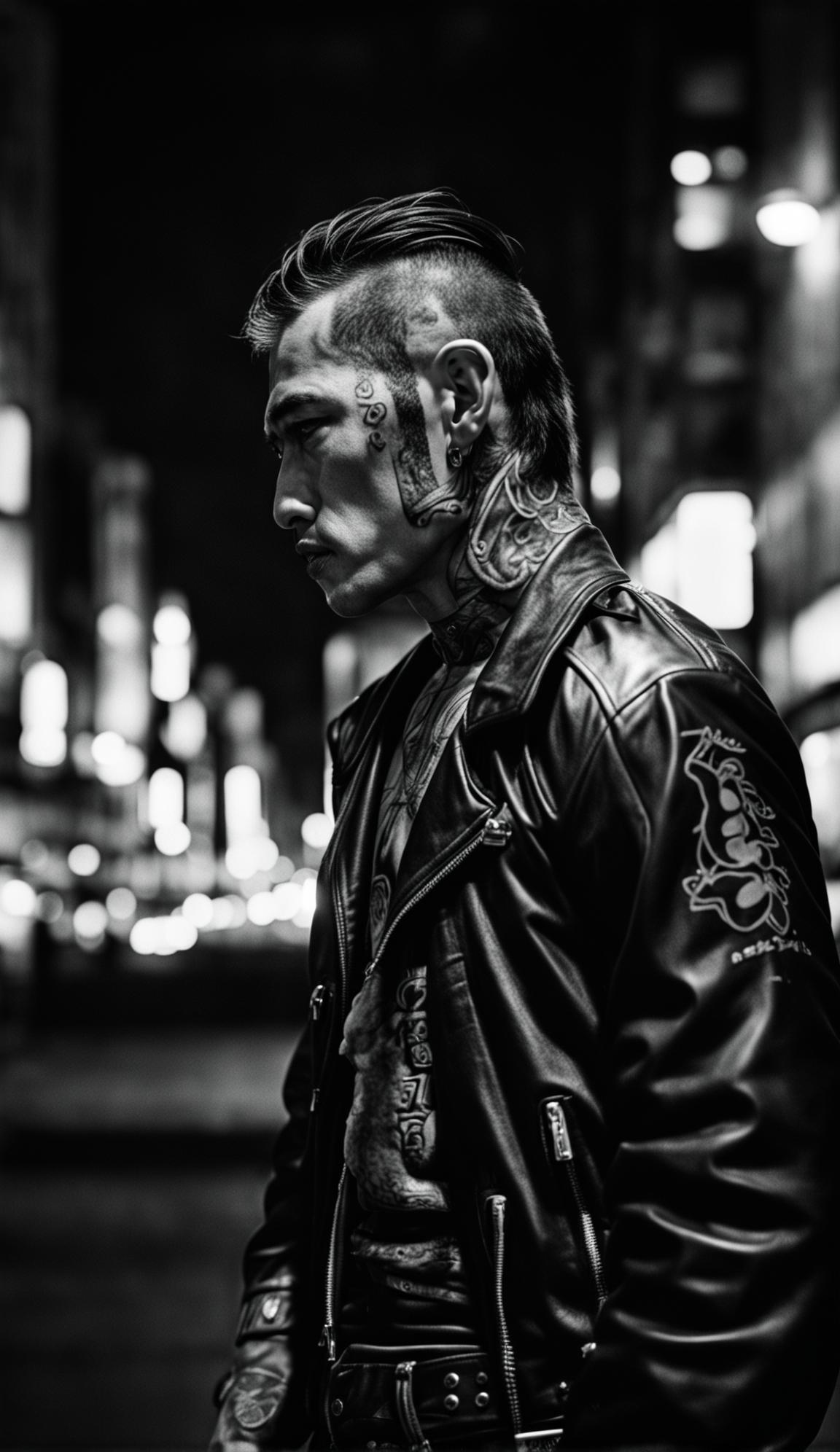 Black and white, 90s style candid photograph by Yousuf Karsh of a Yakuza member in a leather jacket under harsh light, with a blurred Tokyo street in the background.