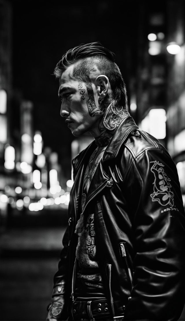 Black and white, 90s style candid photograph by Yousuf Karsh of a Yakuza member in a leather jacket under harsh light, with a blurred Tokyo street in the background.