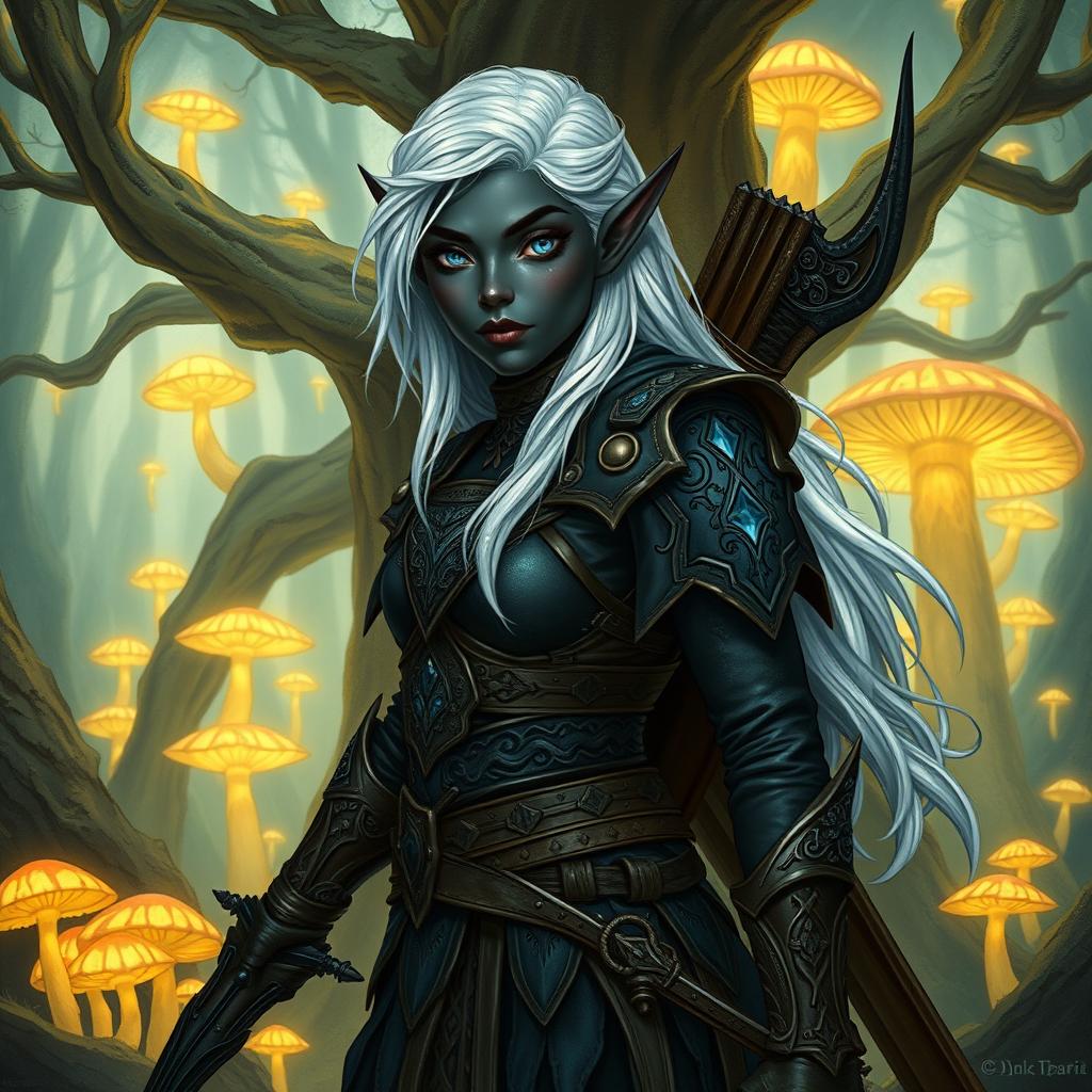 A detailed illustration of a female Drow elf with black skin, white hair, and blue eyes