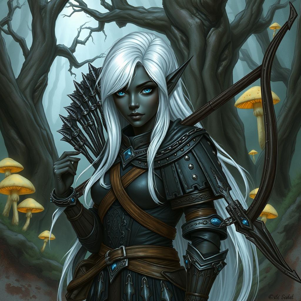 A detailed illustration of a female Drow elf with black skin, white hair, and blue eyes