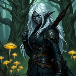 A detailed illustration of a female Drow elf with black skin, white hair, and blue eyes