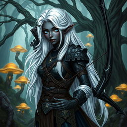 A detailed illustration of a female Drow elf with black skin, white hair, and blue eyes