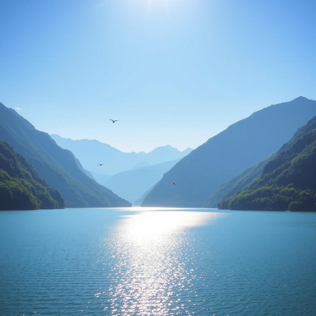 A beautiful landscape featuring a serene lake surrounded by lush green mountains under a clear blue sky