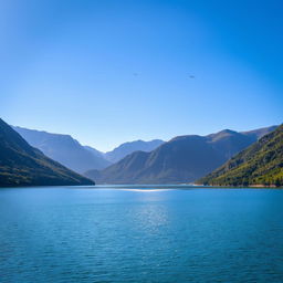 A beautiful landscape featuring a serene lake surrounded by lush green mountains under a clear blue sky