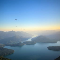 A beautiful landscape featuring a serene lake surrounded by lush green mountains under a clear blue sky