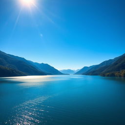 A beautiful landscape featuring a serene lake surrounded by lush green mountains under a clear blue sky