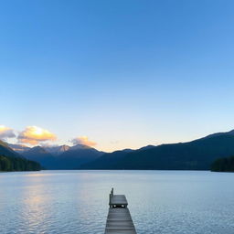 A serene landscape featuring a calm lake surrounded by lush green trees and mountains in the background