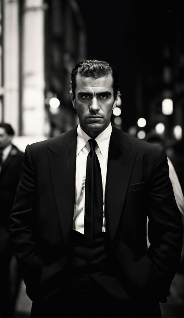 Black and white, 90s style candid photograph by Yousuf Karsh of an Italian mafia member in a sharp suit under harsh light, with a blurred Italian cityscape in the background.