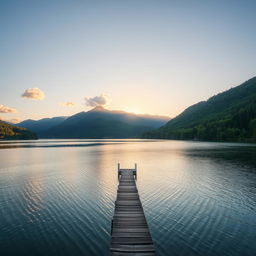 A serene landscape featuring a calm lake surrounded by lush green trees and mountains in the background