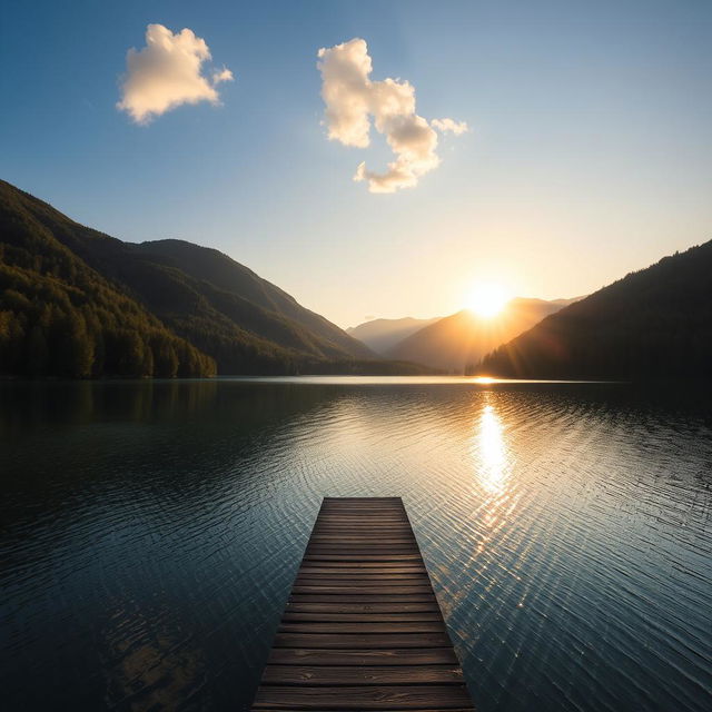 A serene landscape featuring a calm lake surrounded by lush green trees and mountains in the background