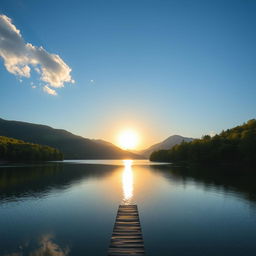 A serene landscape featuring a calm lake surrounded by lush green trees and mountains in the background