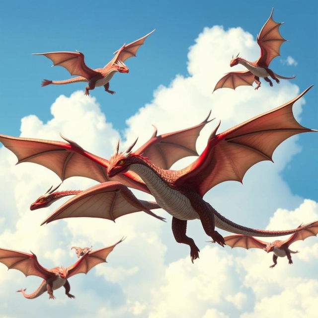 A scene featuring five wyverns soaring majestically in the sky