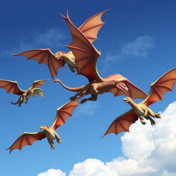 A scene featuring five wyverns soaring majestically in the sky