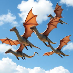 A scene featuring five wyverns soaring majestically in the sky