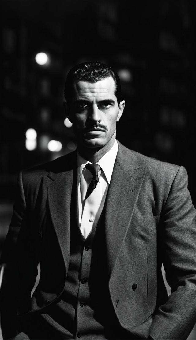 Black and white, 90s style candid photograph by Yousuf Karsh of an Italian mafia member in a sharp suit under harsh light, with a blurred Italian cityscape in the background. The image is an award-winning portrait by Yousuf Karsh.