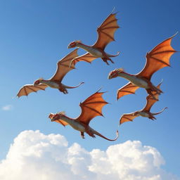 A scene featuring five wyverns soaring majestically in the sky