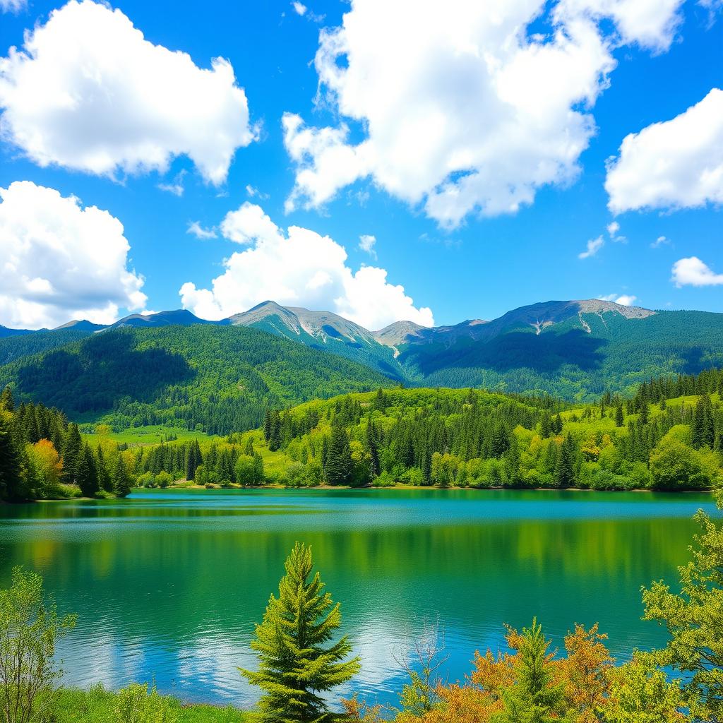 A colorful and vibrant image of a scenic landscape featuring a serene lake surrounded by lush green trees and mountains in the background under a clear blue sky with fluffy white clouds