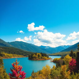 A colorful and vibrant image of a scenic landscape featuring a serene lake surrounded by lush green trees and mountains in the background under a clear blue sky with fluffy white clouds