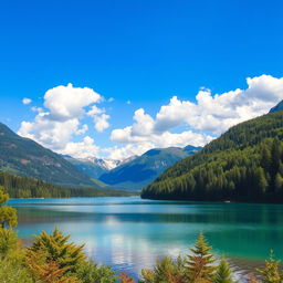 A colorful and vibrant image of a scenic landscape featuring a serene lake surrounded by lush green trees and mountains in the background under a clear blue sky with fluffy white clouds